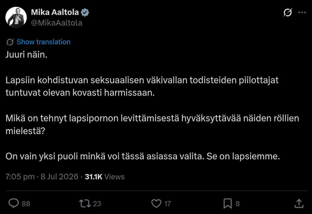 Kuvakaappaus: Want privacy you support child porn